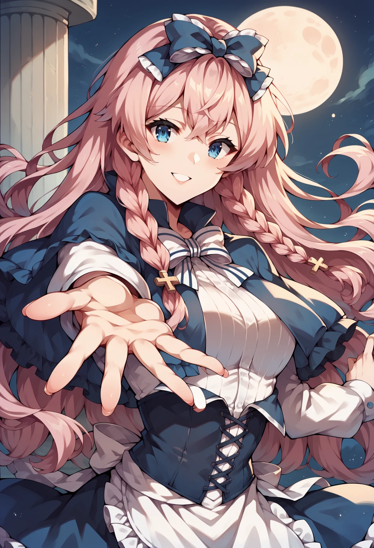 score_9, score_8_up, score_7_up, score_6_up, score_5_up, score_4_up, source_anime BREAK <lora:Harpae-v1:1> 1girl, harpae, hair bow, blue eyes, very long hair, wavy hair, pink hair, braids, blue capelet, bowtie, shirt, white sleeves, blue corset, skirt, apron
upper body, soft smile, parted lips, ht, moon, outside, pillar, outstretched hand
