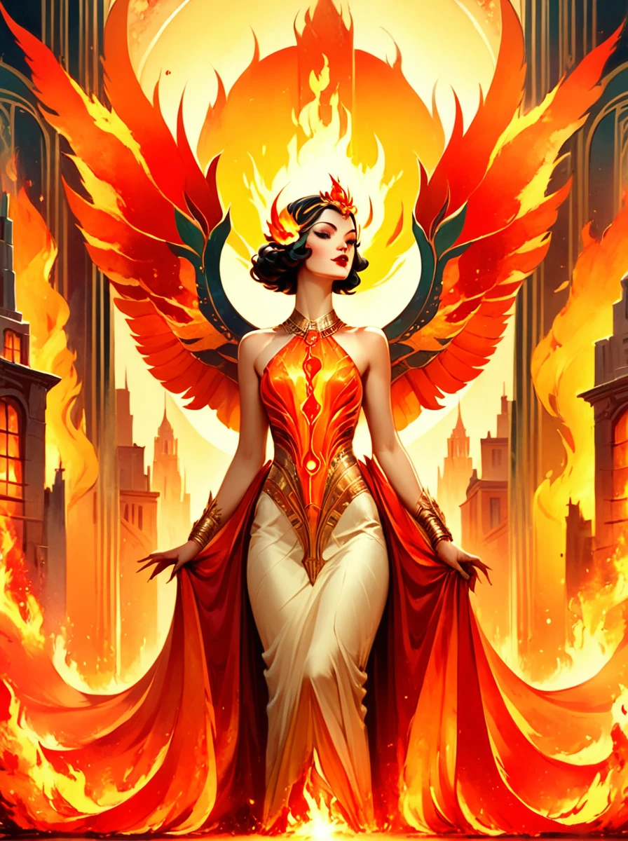 score_9,score_8_up,,score_7_up,,<lora:art_deco_pony:0.8>,
artdecostyle, 1girl, solo, fire, dress, jewelry, wings, red lips, bare shoulders, standing, building, black hair, lipstick, , hair ornament