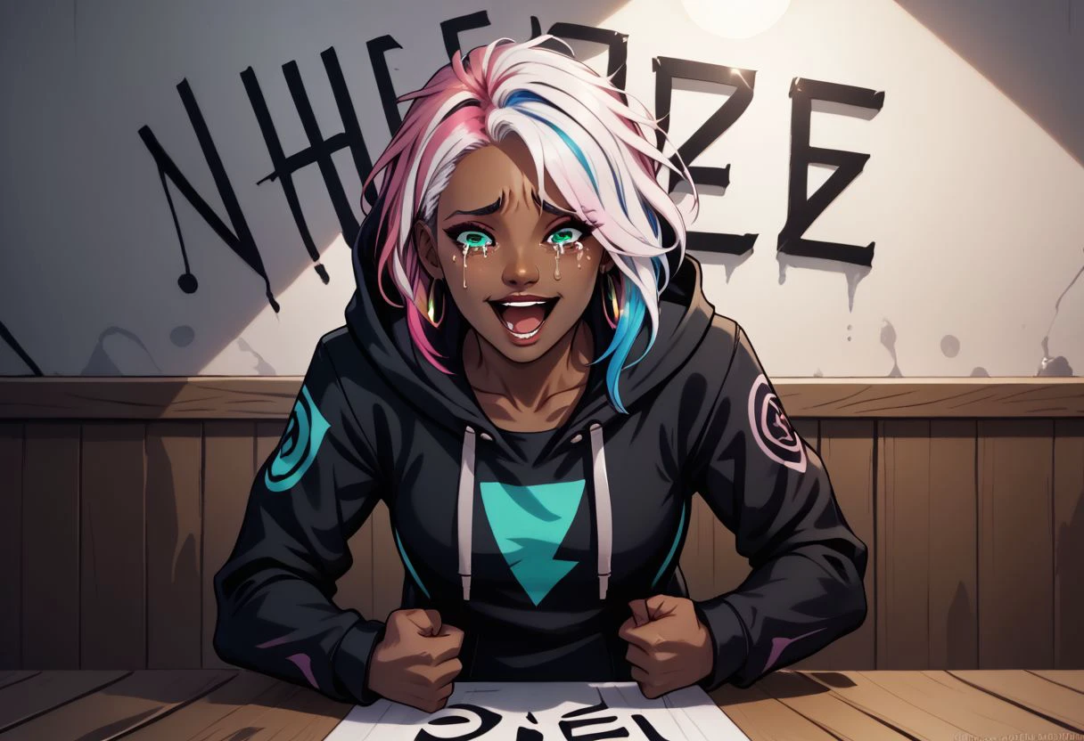 Wheeze, open mouth, tears, laughing, Animated Nightmare Style, 1girl, aqua eyes, black hoodie, black jacket, blue hair, collarbone, dark skin, dark-skinned female, drawstring, earrings, eyelashes, freckles, green eyes, hood, hood up, hooded jacket, hoodie, hoop earrings, jacket, jewelry, lips, makeup, medium hair, multicolored clothes, multicolored hair, multicolored jacket, parted lips, pink hair, short hair, solo, two-tone hair, upper body, white hair, hand on table, english text, clenched hand, indoors BREAK PonyXLV6_Scores