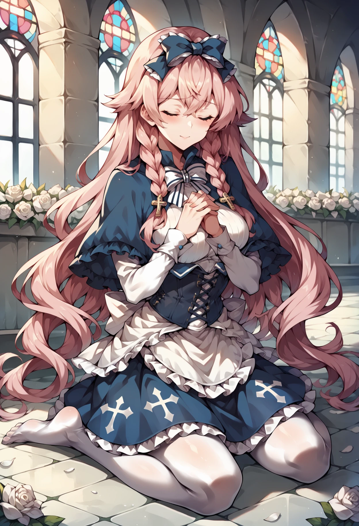score_9, score_8_up, score_7_up, score_6_up, score_5_up, score_4_up, source_anime BREAK <lora:Harpae-v1:1> 1girl, harpae, hair bow, very long hair, wavy hair, pink hair, braids, blue capelet, bowtie, shirt, white sleeves, blue corset, skirt, apron, white pantyhose
kneeling, church, praying, hands together, closed eyes, closed mouth, white flowers, ((white roses)), lots of flowers, marble floor