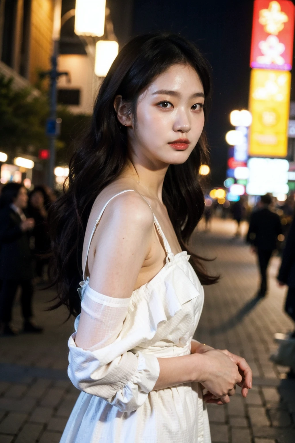 Best quality, masterpiece, ultra high res, (photorealistic), raw photo,1girl, skinny, upper body,solo, realistic, looking at viewer, long hair, bokeh background, city streets,brown eyes, bohemian dress,  <lora:makina69_kimgoeun_v1.0:1>