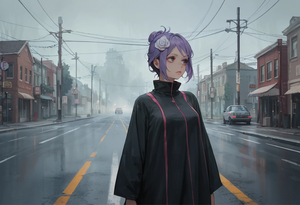 ((konan)), 1girl standing at the side of a highway, female_focus, fog, dark atmosphere, score_9,score_8_up,score_7_up, score_6, score_5, purple hair, (flower_in_hair), cowboyshot, hair up