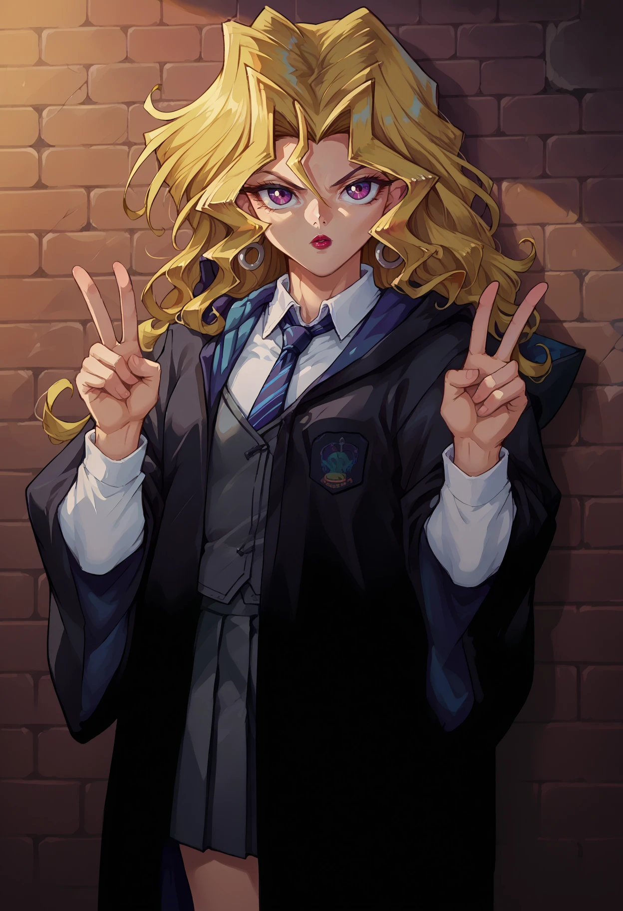 score_9, score_8_up,score_7_up, source_anime, rating_safe, 1girl, solo, <lora:EPygKujakuMai:1>, EPygKujakuMai, purple eyes, blonde hair, long hair, wavy hair, hair between eyes, hair intakes, hoop earrings, red lips,  <lora:EPRobeRavenclaw:1>, EPRobeRavenclaw, wearing EPRobeRavenclaw, collared shirt, open robe, white shirt, emblem, grey skirt, black robe, blue necktie, striped necktie, grey vest, wide sleeves, long sleeves, hood down, head tilt, brick wall, looking at viewer,  leaning to the side, parted lips, closed mouth, against wall, miniskirt, pleated skirt, double v,