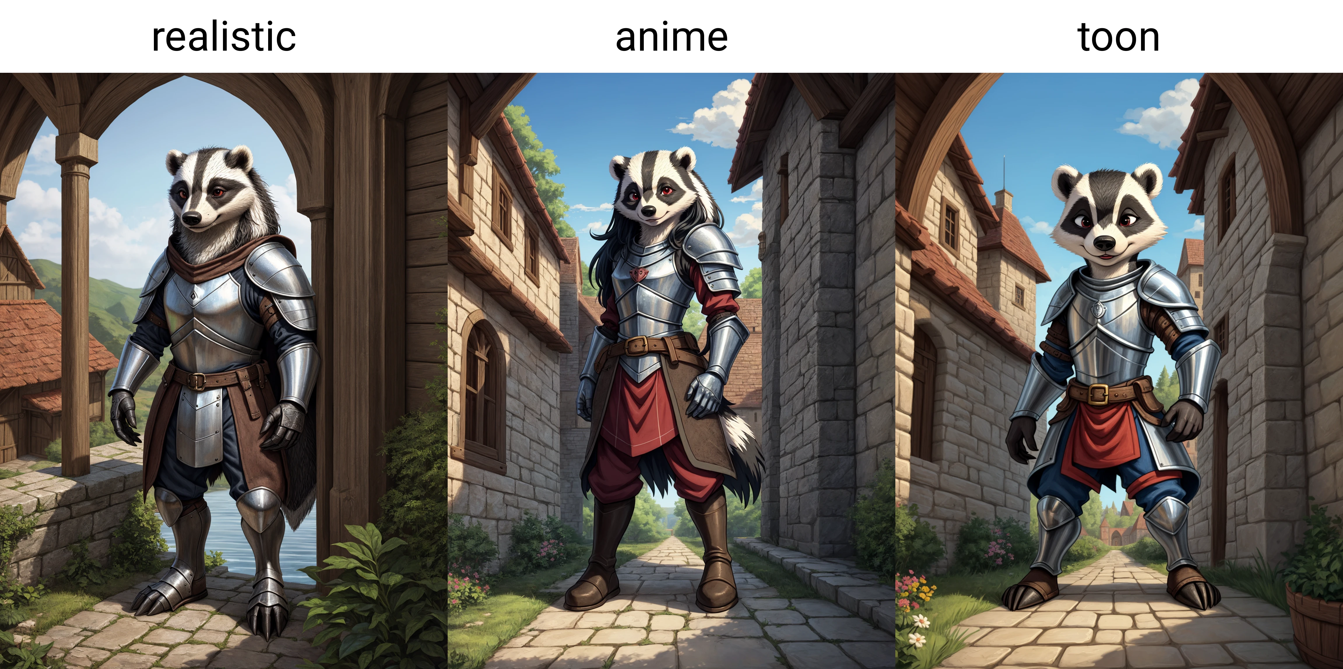 (realistic), (masterful_quality), expertly_illustrated, fanciful, medieval, female badger knight