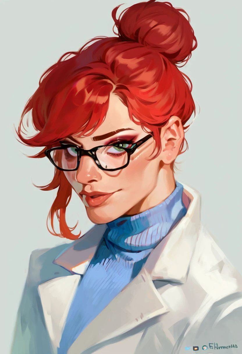 score_9, score_8_up, score_7_up, score_6_up,  twinflame-dh, portrait, white lab coat, turtleneck, high bun, red hair, makeup, glasses, bangs, swept bangs, looking at viewer  <lora:Artist_Style_-_TwinFlame413_PDXL:1.0>   <lora:add-detail-xl:0.4>