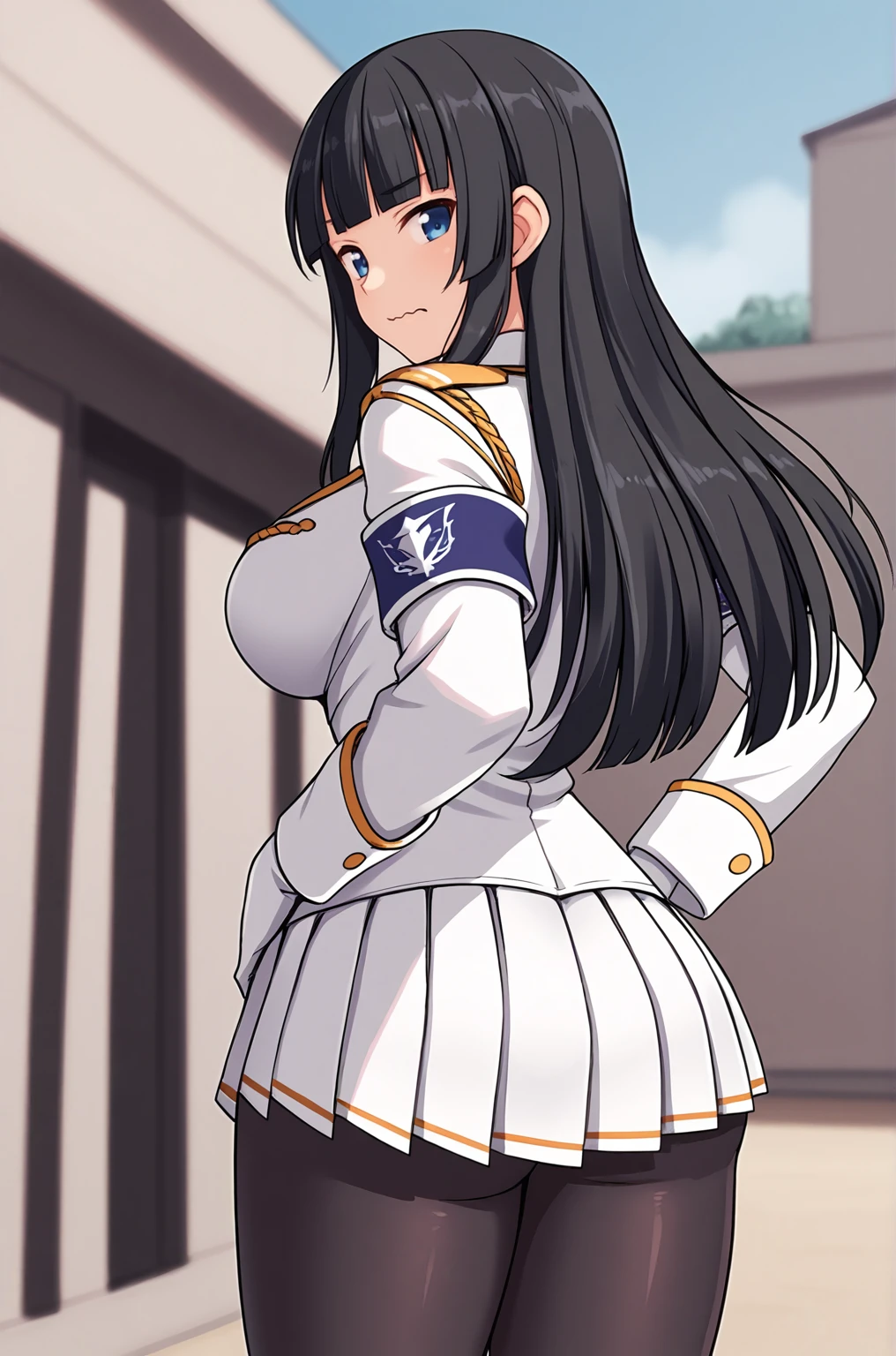 anime artwork, score_9, score_8_up, score_7_up, source_anime, BREAK, thick outline, fat outline,
Ikaruga_XL, long black hair, blunt bangs, hime cut, dark blue eyes, large breasts, BREAK, Ikaruga_Shinobi, white military uniform, golden buttons, golden epaulettes, black shirt, purple tie, long sleeves, armband, white gloves, white pleated skirt, black pantyhose,  BREAK, outdoors, from back, back, hands on hips, looking back, wavy mouth,
<lora:Ikaruga_XL:0.7>
<lora:PersonalAmi_PonyXL:1.0>