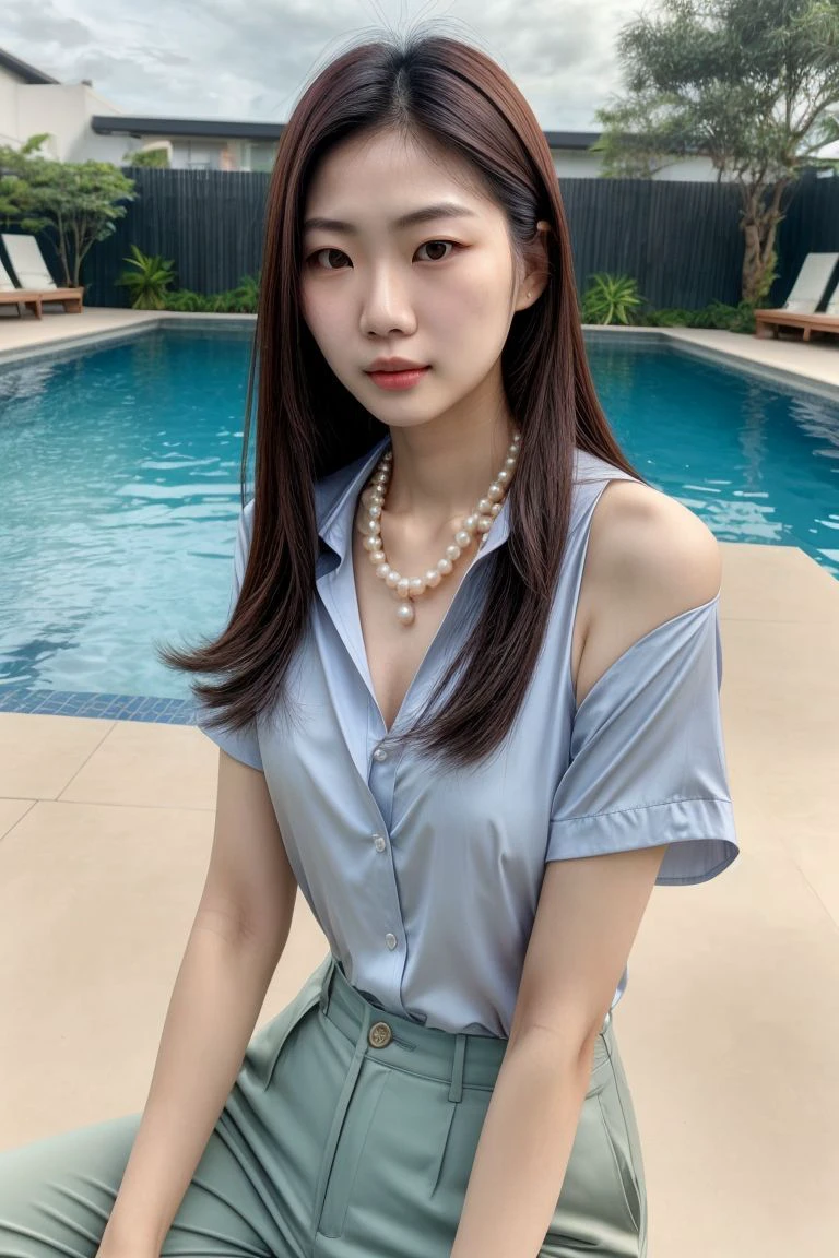 korean , shirt, ribbon, skirt, Light Brown Hair, School poolside, Poolside bench, 8k RAW photo, High resolution, 16 year old cute Korean, Big round breasts, Beautiful eyes in every detail, Long eyelashes, Beautiful double eyelids, Long, narrow eyes, Long, narrow eyesの形, Three white eyes, Duck mouth, Wicked Smile, Evil look, Beautiful and slim legs, Beautiful and thin thighs, Random Shorthair, Tie your hair behind your head, Earrings, necklace,
