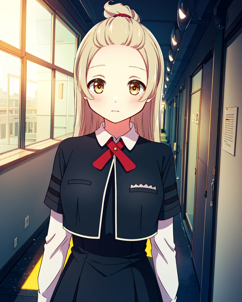 masterpiece, high quality, mgrcazumihagumu, 1girl, upper body, medium shot, looking at viewer, yellow eyes, blonde hair, red hairpin, black shirt with white edgings, long white sleeves, black dress, red bowtie, hands behind back, surprised, indoors, corridor, day, detailed, <lora:mgrcazumihagumu:0.8>