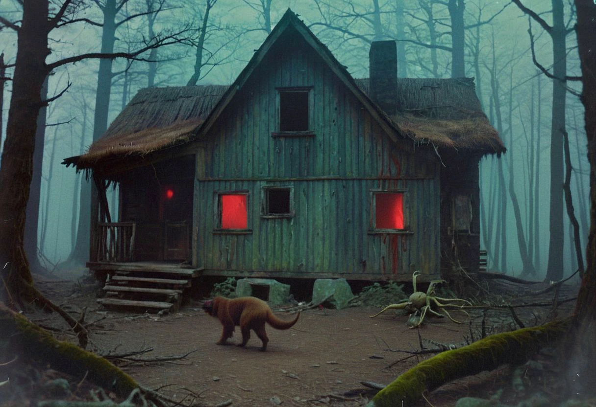 belomo_kodak_gold, In grainy, distressed footage, a group of friends explores an abandoned cabin in the middle of a dark, foggy forest. As they investigate the eerie interior, strange noises are heard. Suddenly, a grotesque creature with multiple limbs and glowing red eyes crawls out from the shadows. The camera captures their panicked screams and frantic attempts to escape, creating a chilling, gothic atmosphere.