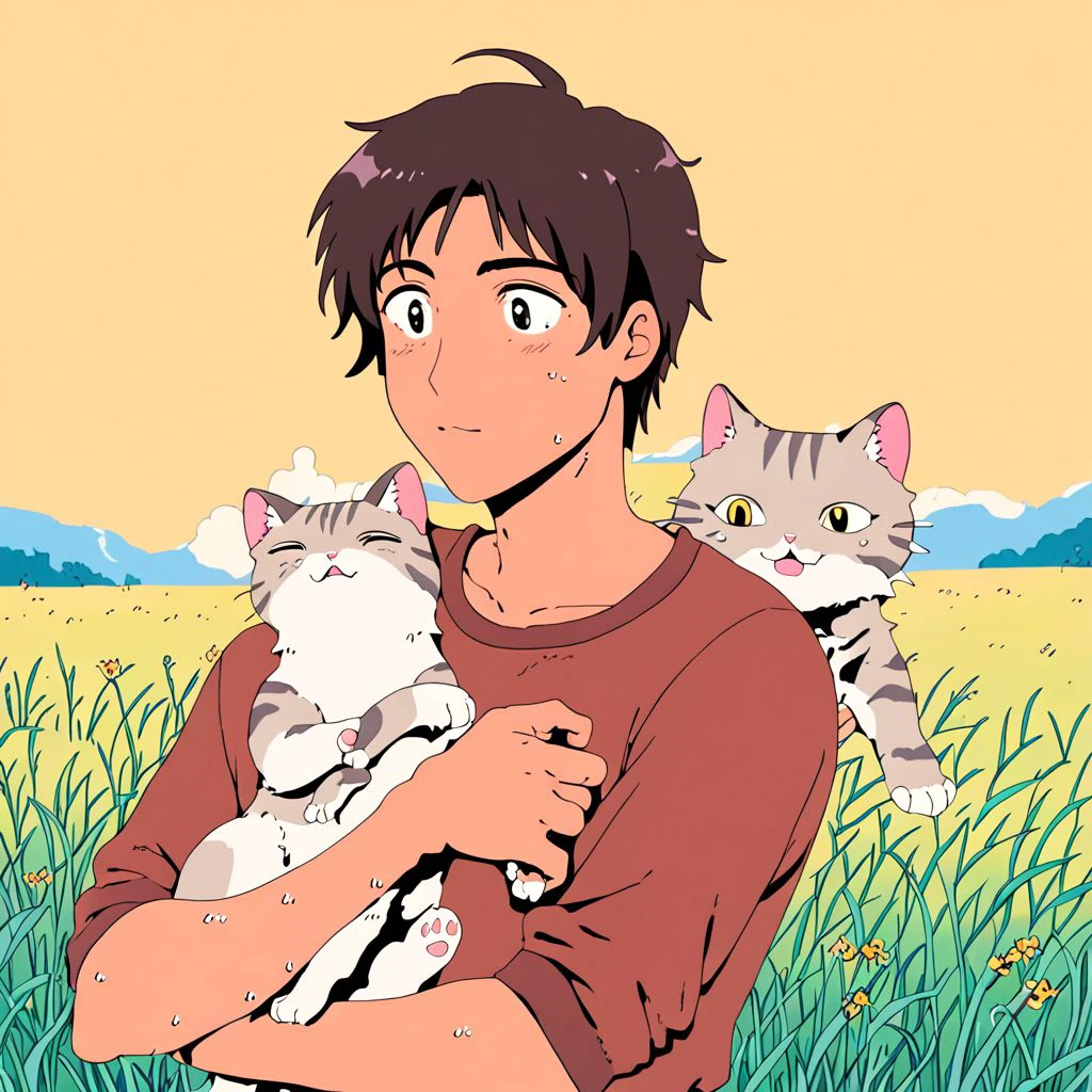 closeup, cute guy, holding cat, in a field, ghibli movie