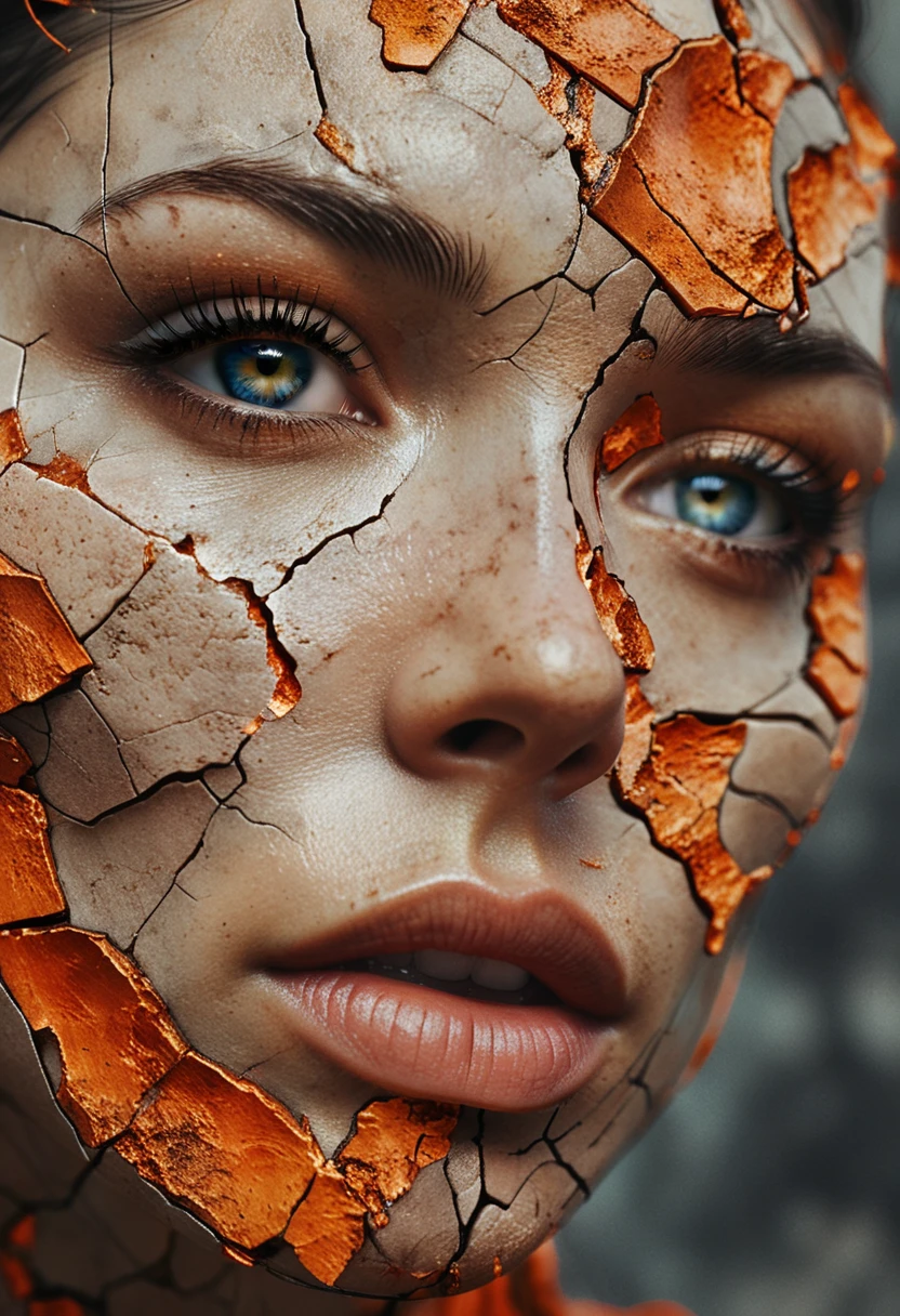 a close up of a person's face on a cracked surface, inspired by Alberto Seveso, featured on zbrush central, portrait of an android, fractal human silhouette, realistic 3 d render, subject made of cracked skin, woman, made of lava