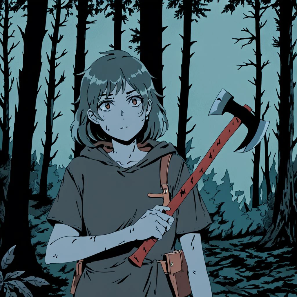 closeup, cute girl, holding axe, in the woods, dark, atmospheric