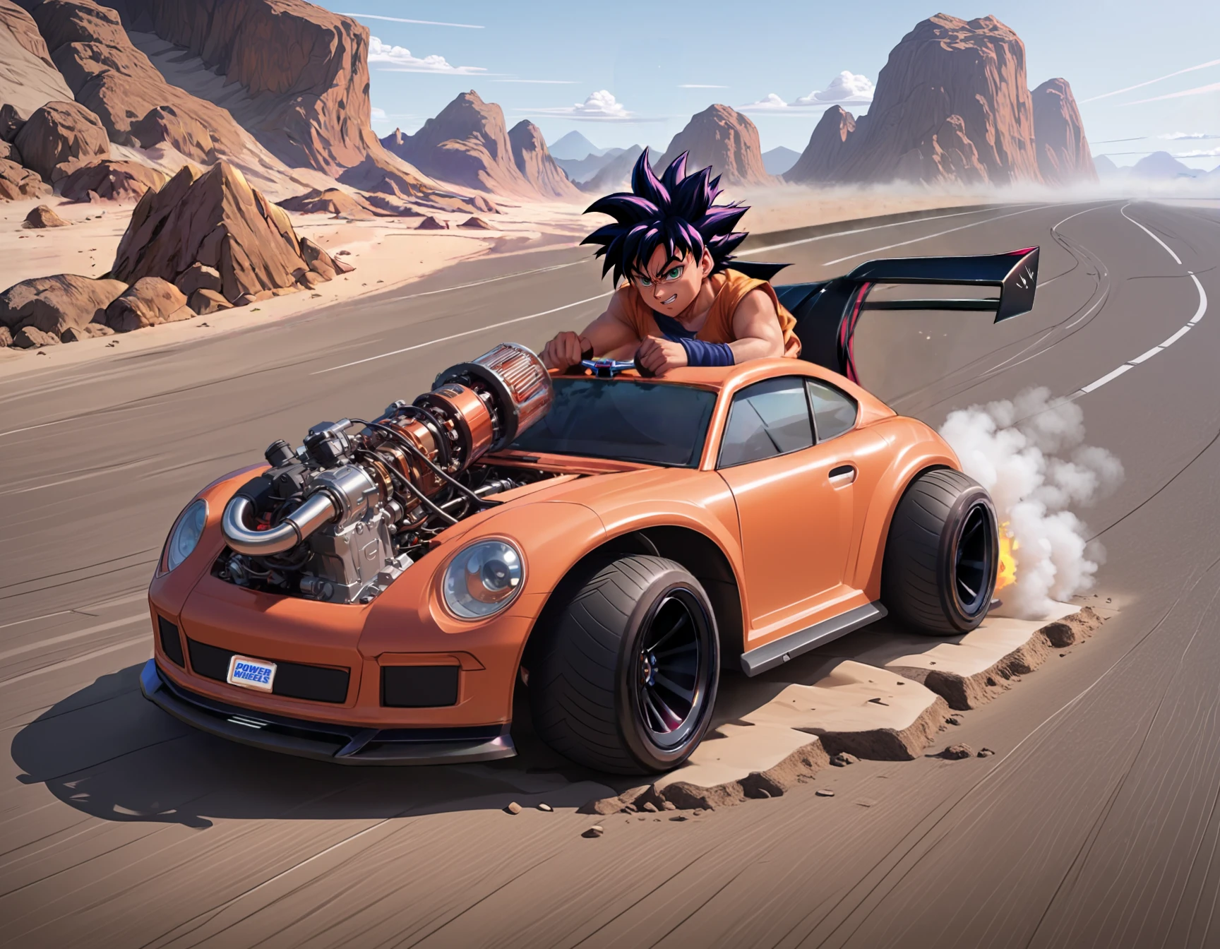 score_9, score_8_up, score_7_up, score_6_up, score_5_up, score_4_up,  
source: illustration,Porsche, Son Goku (Dragon Ball),solo,  wearing orange clothes, is driving a purple Porsche, with a supercharger motor, action scene,at a japanese desert, outdoors