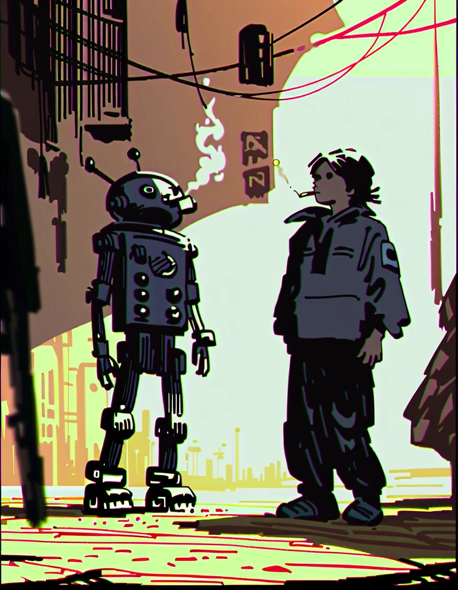 score_9, score_8_up, score_7_up, Mignstl, Alsel, full body shot, standing, smoking cigarette, city streets, front view, volumetric light, surrounded by robots, perfect eyes, perfect hands, detailed fingers