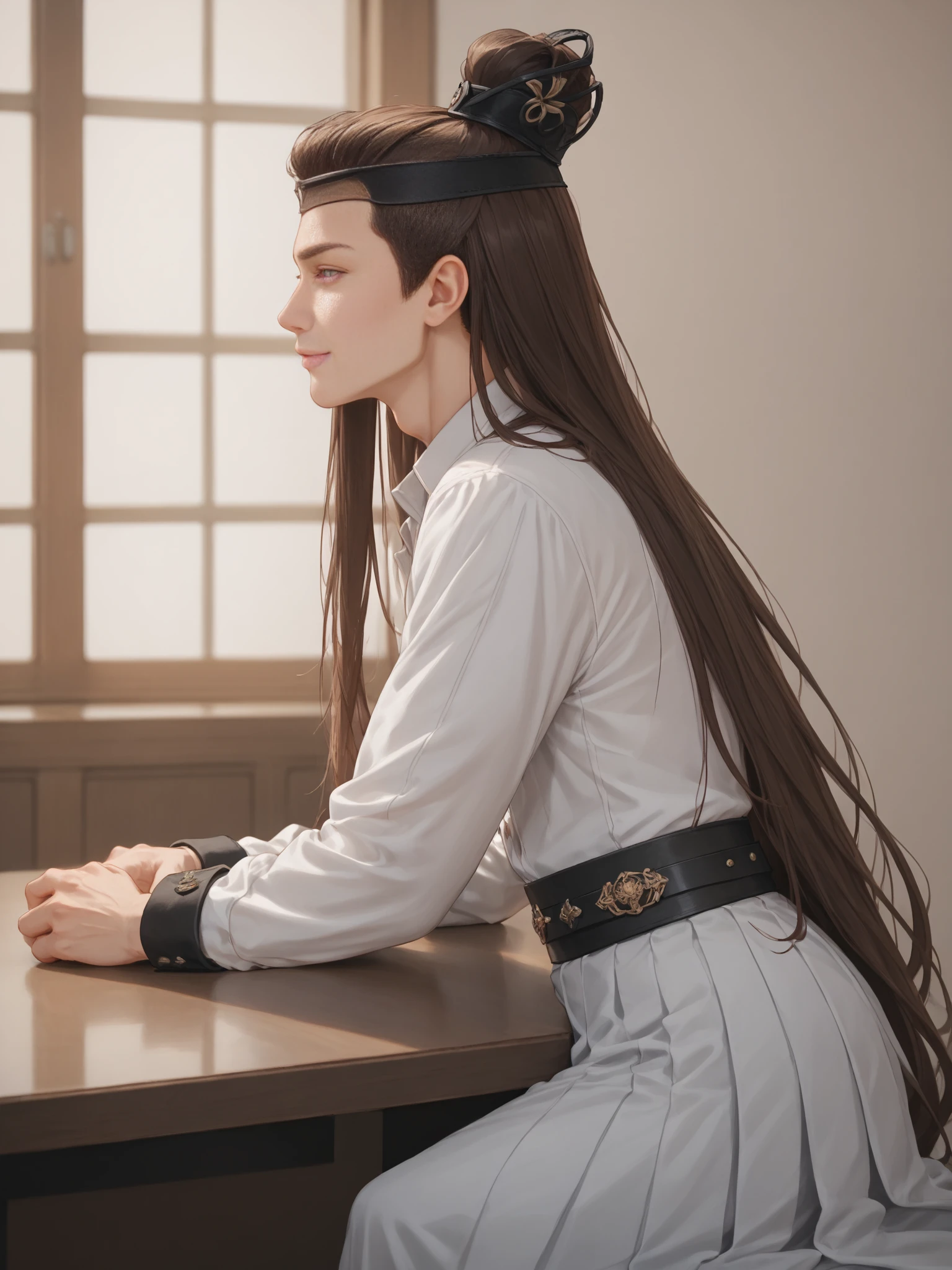 score_9, score_8_up, score_7_up, score_6_up, score_5_up, score_4_up,  1boy, ((profile)),  full body, light smile,  male focus, yulexuanblk, long pleated dress, topknot, hair bun, simple background, hanfu, long hair, brown hair, hair ornament, belt, toned,  <lora:yulexuanblkponyv2:0.75>