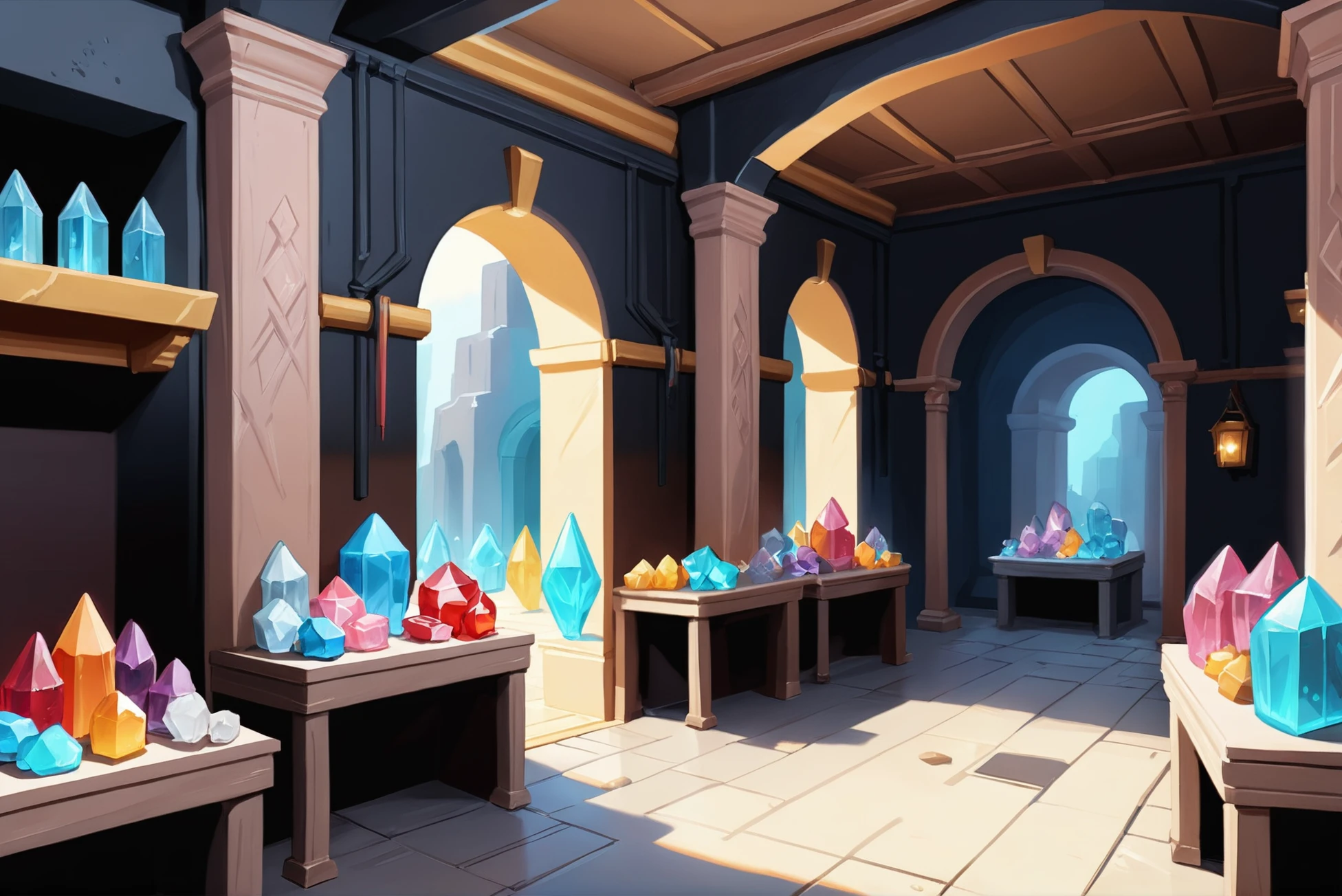 <lora:EnvyStarlightAnime14:1.25>soft anime digital painting, cheerful ancient roman crystal shop in a forgotten,great fantasy subterranean arcology at the end of time, masterpiece