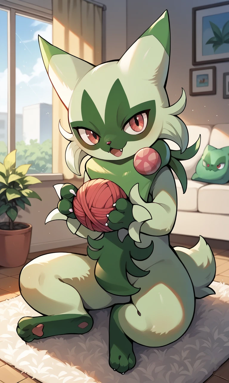 score_9,score_8_up,score_7_up, source_anime, source_furry, 1girl, solo, confident, happy, pokemon, outdoors, floragato, indoors, living room, sitting, playing with yarn ball