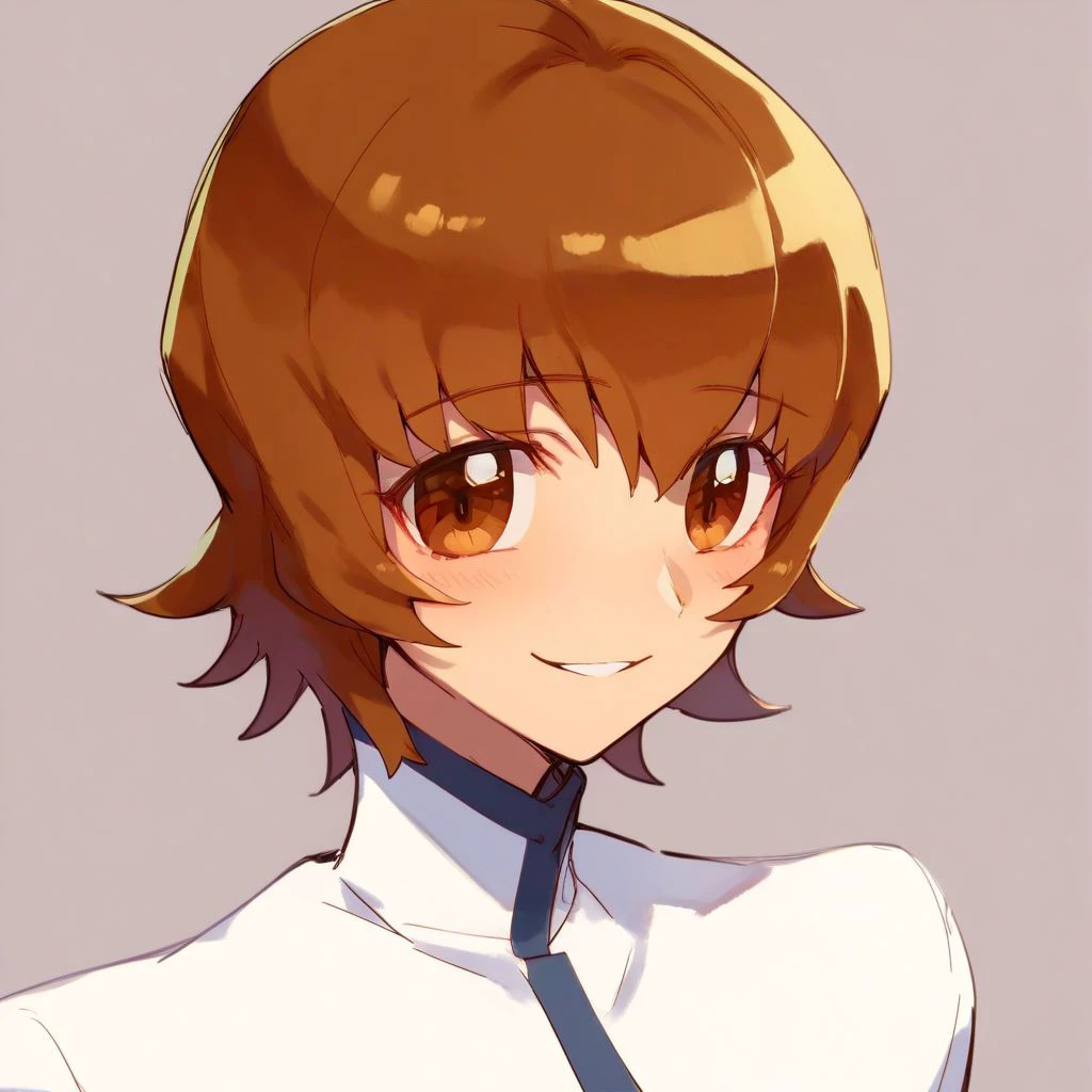 score_9,score_8_up,score_7_up,score_6_up,score_5_up,score_4_up, solo, Itsuki Myoudouin, 1girl, short hair, brown hair, brown eyes, white shirt, portrait, face, smile, parted lips