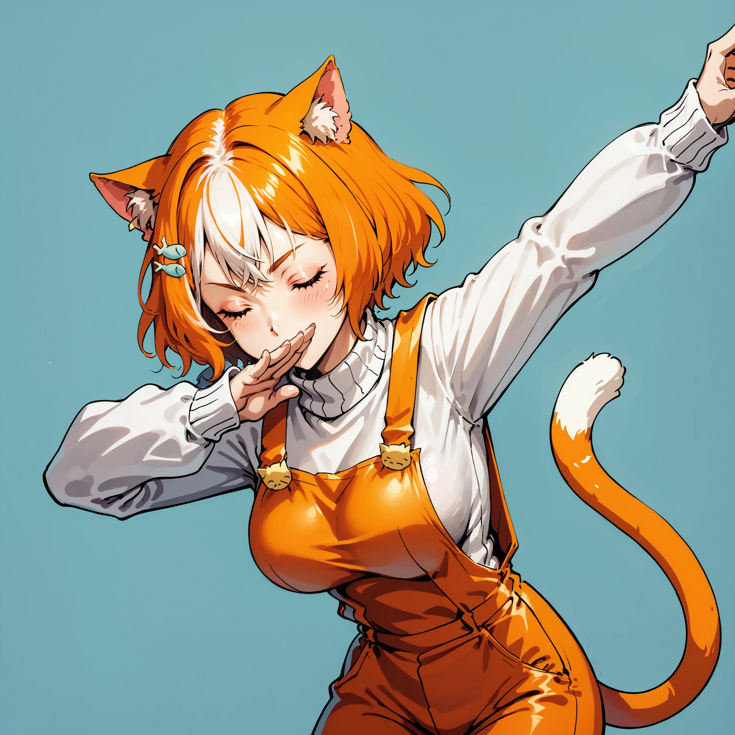 score_9, score_8_up, 2D,
BREAK,
(dab \(dance\):1.2), simple background, <lora:Pony_dab_1280_newsettings:0.65>, closed eyes,
BREAK,
solo, 1girl, tail, cat tail, large breasts, cat girl, animal ear fluff, orange hair, multicolored hair, white hair, short hair, (animal ears, cat ears:1.2), fish hair ornament, hair ornament, hairclip, hair over ears, bangs, two-tone hair, orange overalls, overalls, white sweater, sweater, long sleeves, turtleneck, turtleneck sweater, breasts, <lora:Pony_marsey_2k_1280:0.55>