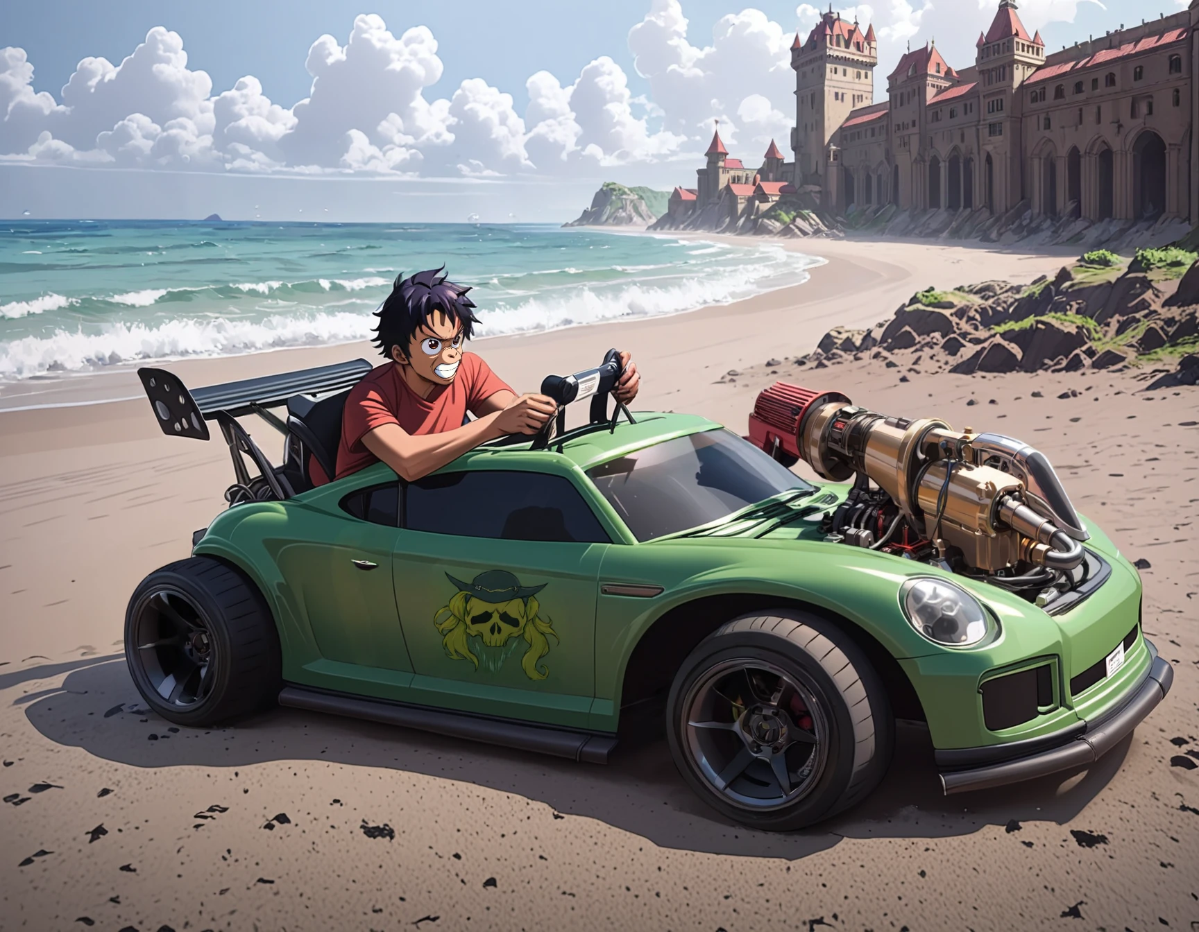 score_9, score_8_up, score_7_up, score_6_up, score_5_up, score_4_up,  
source: illustration,Porsche,Monkey D. Luffy (One Piece),solo, is driving a green Porsche, with a supercharger motor, action scene,at a ancient temple, tatoine beach,ocean, landscape, outdoors