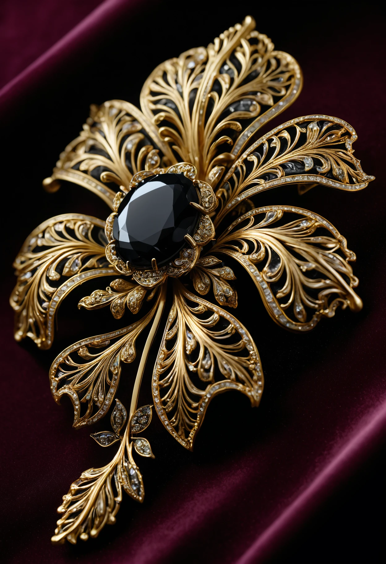 glamour product photo of an exquisite brooch on soft velvet, ebonygold, ultra realistic, intricated detail, trending on artstation,