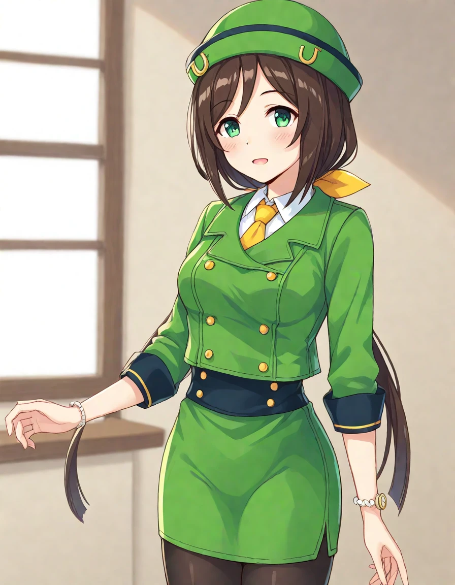 <lora:hayakawa_tazuna_XL-bf16-pony-v1:1>hayakawa tazuna, office lady,green hat, BREAK score_9, score_8_up, score_7_up, BREAK source_anime, best quality, masterpiece, uncensored,(clear eyes:1.2),(4 finger:0.5),zPDXLpg , <lora:Hyper-SDXL-4steps-lora:1>,