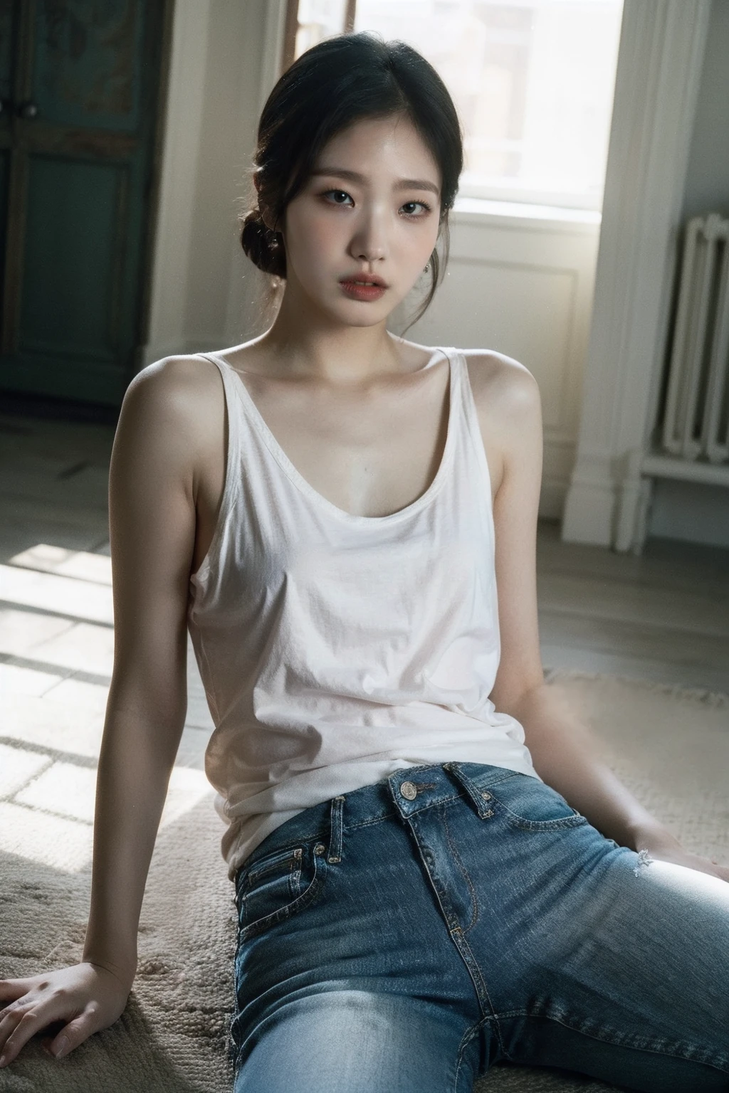 (realistic), (hyperrealism),best quality, masterpiece,ultra high res, (photorealistic:1.4),1girl,(looking at viewer:1.2),1girl, solo, realistic, looking at viewer, parted lips,  short jeans, tanktop,
,   <lora:makina69_kimgoeun_v1.0:1>