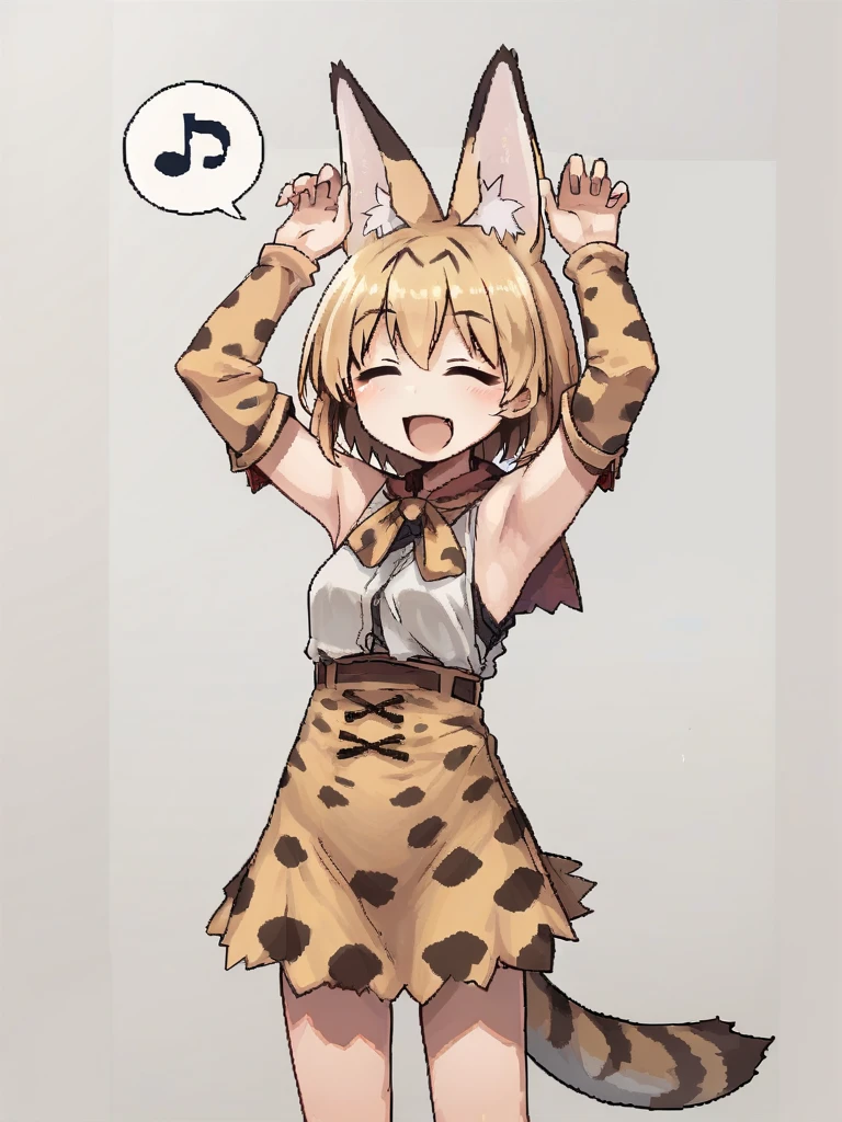 <lora:iloveserval-PonyXL-1024px:0.9>
score_5_up, score_6_up, 
1girl, solo, standing, arms up, closed eyes, happy, open mouth, smile, wearing (detached sleeves, elbow gloves, blouse, skirt,) animal print, eyebrows visible through hair, short hair, blonde hair, animal ear fluff, striped tail, spoken_note