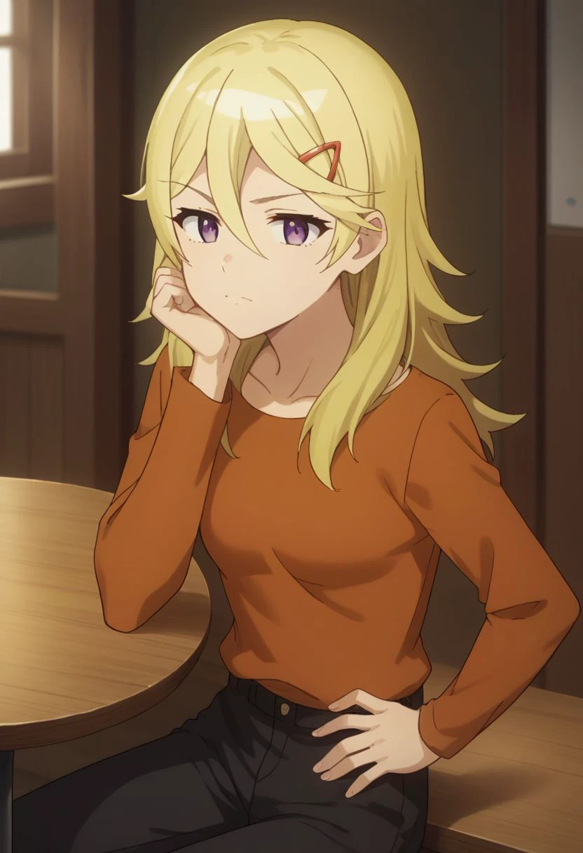 score_9, score_8_up, score_7_up, source_anime, highly detailed, 
landlord, 1girl, solo, blonde hair, hair ornament, hair between eyes, hairclip, pants, orange shirt, purple eyes, black pants, shirt, hand on hip, 
indoor, sit, table, head rest,