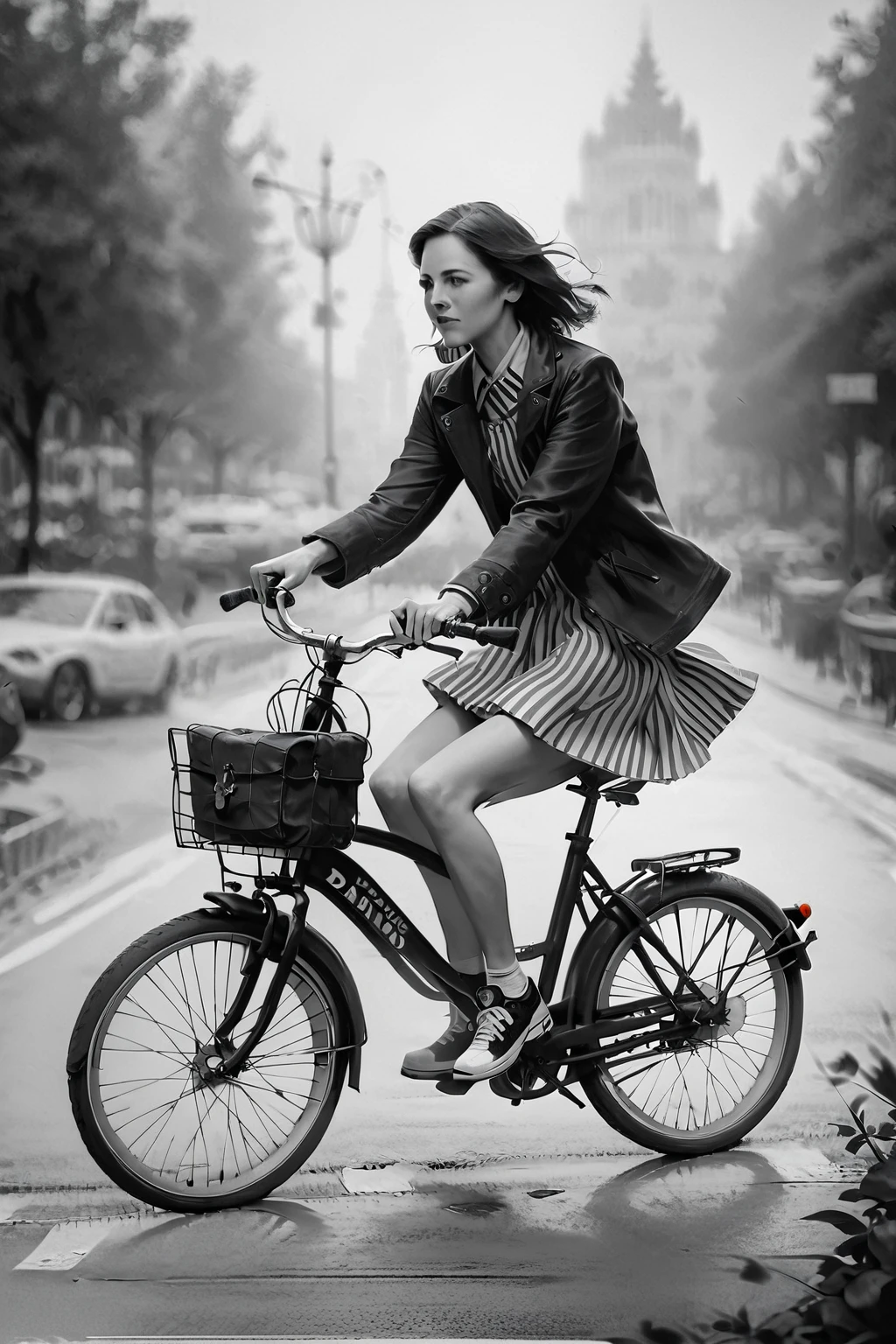 score_9, score_8_up, score_7_up, b1k3g1rl, woman, solo, skirt, holding, jacket, monochrome, greyscale, outdoors, shoes, striped, medium hair, blurry, blurry background, umbrella, ground vehicle, sneakers, realistic, riding, bicycle
 <lora:Girls_on_Bikes_Pony_3:0.8>  <lora:Concept Art Eclipse Style LoRA_Pony XL v6:0.8> concept art, realistic