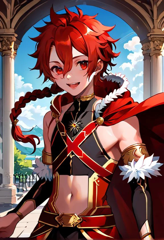 score_9, score_8_up, score_7_up, all in one, masterpiece, best quality, lots of details, (1boy:1.3), male focus, , <lora:sdxl_lightning_8step_lora:0.75>, <lora:add-detail-xl:0.7>,  <lora:Smooth Anime 2 Style SDXL_LoRA_Pony Diffusion V6 XL:0.65>,  shaded, detailed shading, detailed skin, shaded skin, realistic shading, looking at viewer,  countershading:1.1, outdoors, sloppy open mouth, cute smile,  hair between eyes, free pose,  <lora:Alexander-04-XL:0.7>, red eyes, red hair, braid, default outfit, bare waist, fur, cape, alexander, navel,