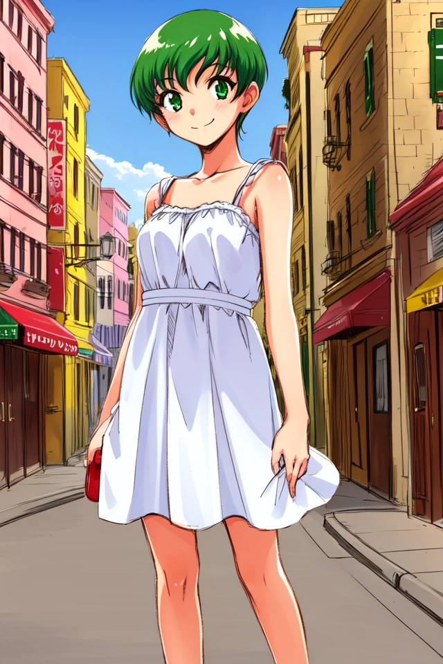 1 girl, outdoors, city, standing, smile,
 <lora:Thousand_Arms_-_Kyleen_Nelphe:0.65> takyleen, green hair, short hair, green eyes,
dress,