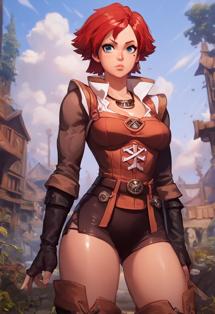 score_9,score_8_up,score_7_up,score_6_up, 1 woman, beautiful thighs, dynamic view, fantasy style, source anime, gothic, <lora:Brita_Overlord:0.9> brita, red hair, 1girl, solo, short hair, blue eyes, tomboy, mole under eye, freckles, necklace, gloves, warrior adventuress, boots, fingerless gloves, hourglass figure, oiled skin, lusty sexy facial expression, lips, beautiful breasts  <lora:add-detail-xl:1> <lora:SimplePositive_XL_v1_AutoRunMech:1> <lora:absurdres_quality:1>  <lora:Smooth Anime 2 Style SDXL_LoRA_Pony Diffusion V6 XL:1>