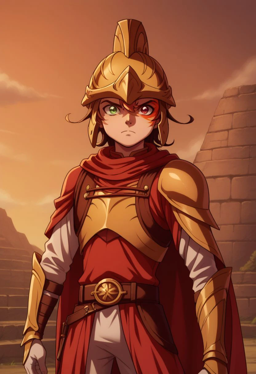 score_9, score_8_up, score_7_up, source_anime, highly detailed, 
trey, solo, armor, cape, helmet, male focus, gold armor, 1boy, red cape, shield, sheath, belt, parody, shoulder armor, brown hair, serious, upper body, skinny, green eye, red eye, facial tattoo, heterochromia
outdoor, sky,