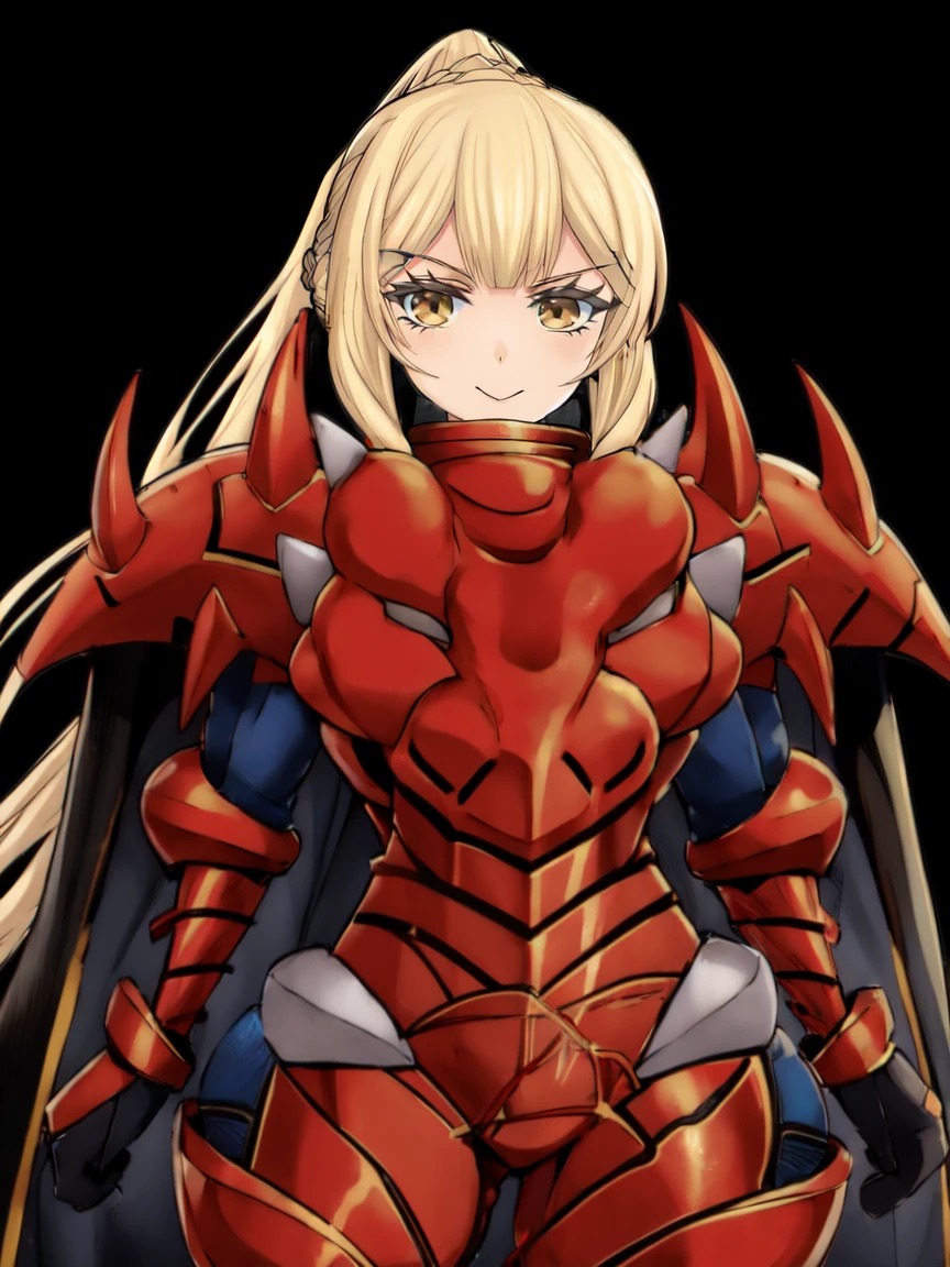 masterpiece best quality,
 <lora:kujounagisa.sd15.v1:1>
mihaela, standing, red armor, black cape, shoulder spikes, dragon armor, looking at viewer, facing viewer, ponytail, braid, closed mouth, 1girl, solo, black background, cowboy shot
dragon head,