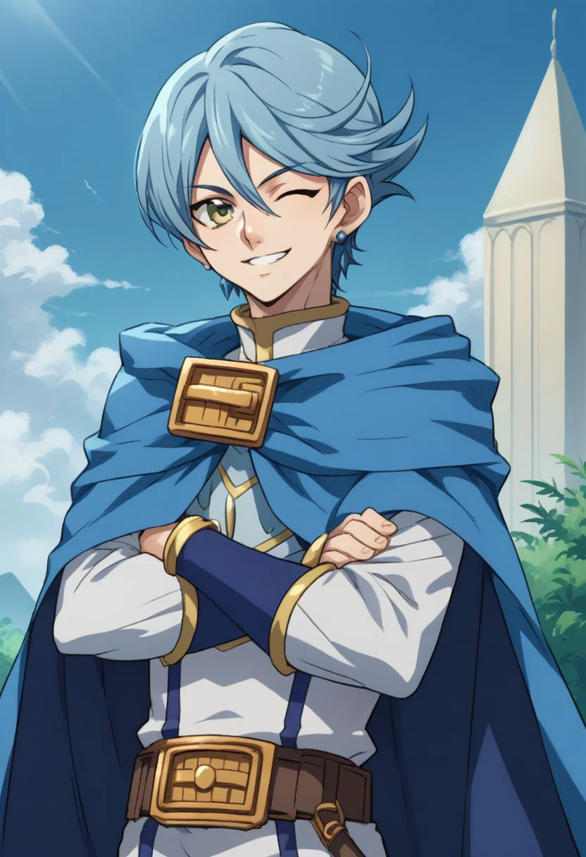 score_9, score_8_up, score_7_up, source_anime, highly detailed, 
nelson, solo, 1boy, male focus, smile, cape, earrings, jewelry, looking at viewer, blue hair, belt,  blue cape, green eyes, short hair, upper body, wink, crossed arms,
outdoor, sky,