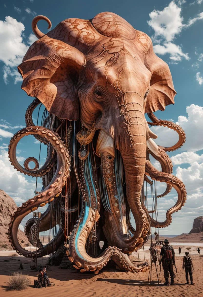 gigantic elefant octopus head, atmospheric,desert,black ink tattooed ,sky,cinematic, photorealisic,neon, photographic, medium contrast,bold lines,poster, intricate,artstation,Thomas Blackshear