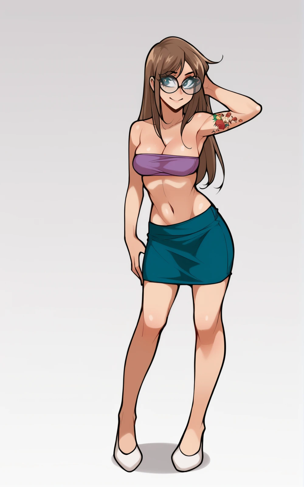 score_9, score_8_up, score_7_up,((best quality)), absurdres,((full body)),  <lora:3d-2d:0.8>, <lora:MeganPXL:0.8>,MeganPXL,breasts, long hair, brown hair, navel, tattoo, bangs,skirt, glasses, midriff, cleavage, blue miniskirt,shoes, white shoes, bandeau, purple bandeau,white background,standing,