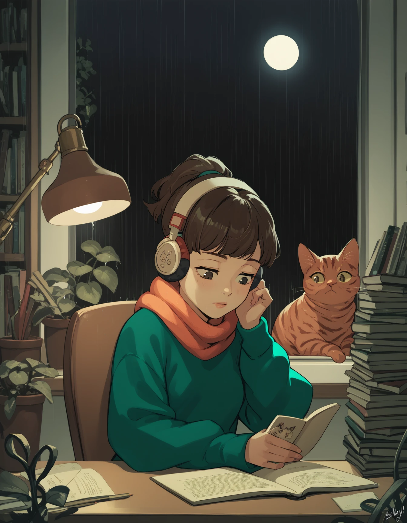 score_9,  score_8_up, score_7_up, source_anime, <lora:lofigirl-ponyxl-000021:1> 1girl, lfg, sweater, scarf, pants, headphones,
studying, pencil, looking down, desk, bookshelf, cat, window, indoors, night, raining