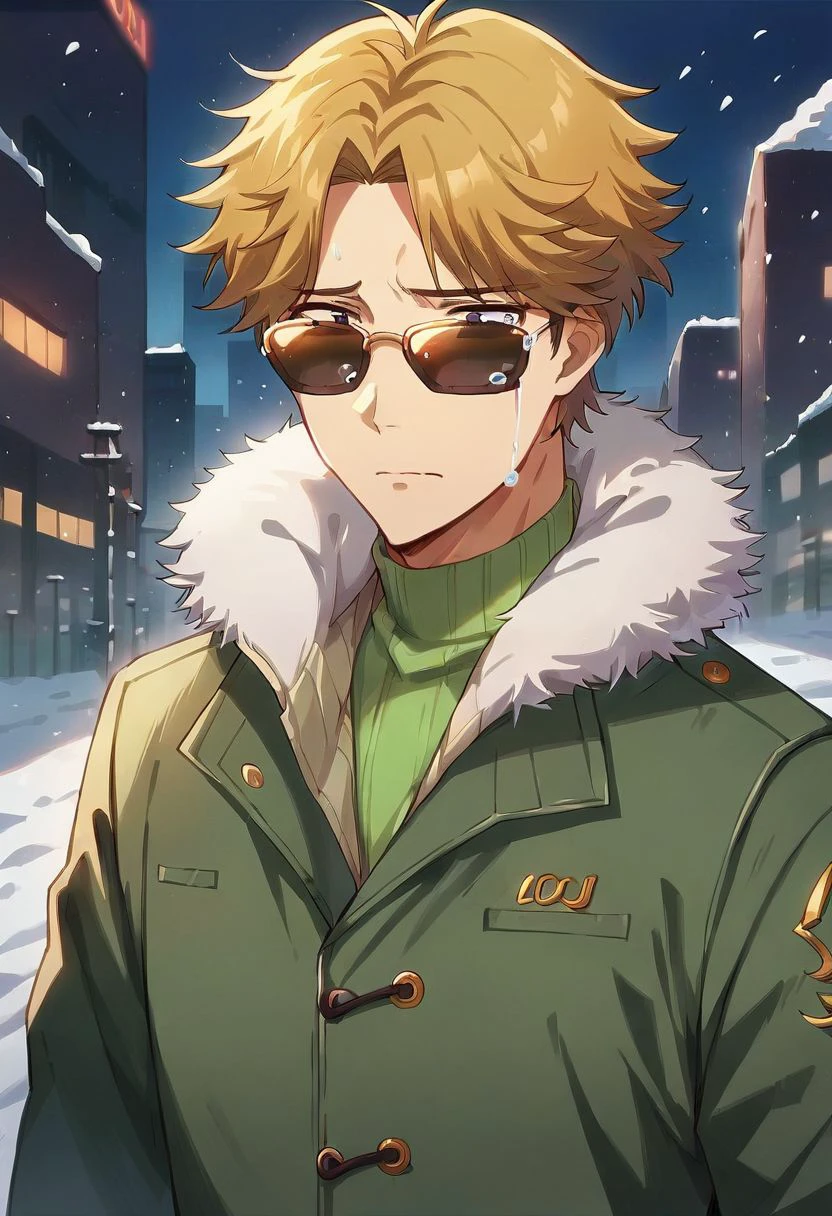 score_9, score_8_up, score_7_up, source_safe, source_anime, ijuin kaoru, 1boy, solo, parted bangs, dark blonde hair, sunglasses, winter outfit, green jacket, fur trim, sad, tears, portrait, city, snow, cold