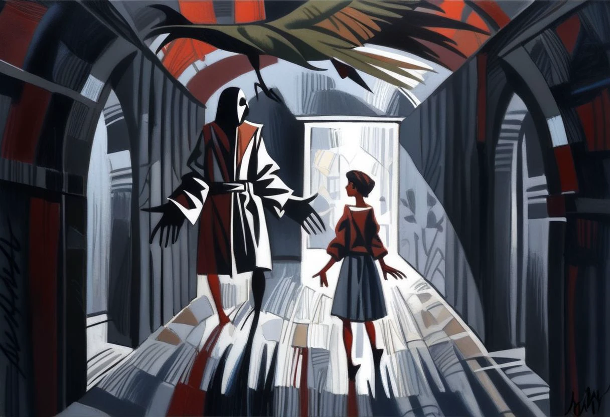 score_9, score_8_up, score_7_up, score_6_up, score_5_up, score_4_up, BREAK source_anime, person walking through a dark corridor, little girl, big humanoid bird, room, traditional media