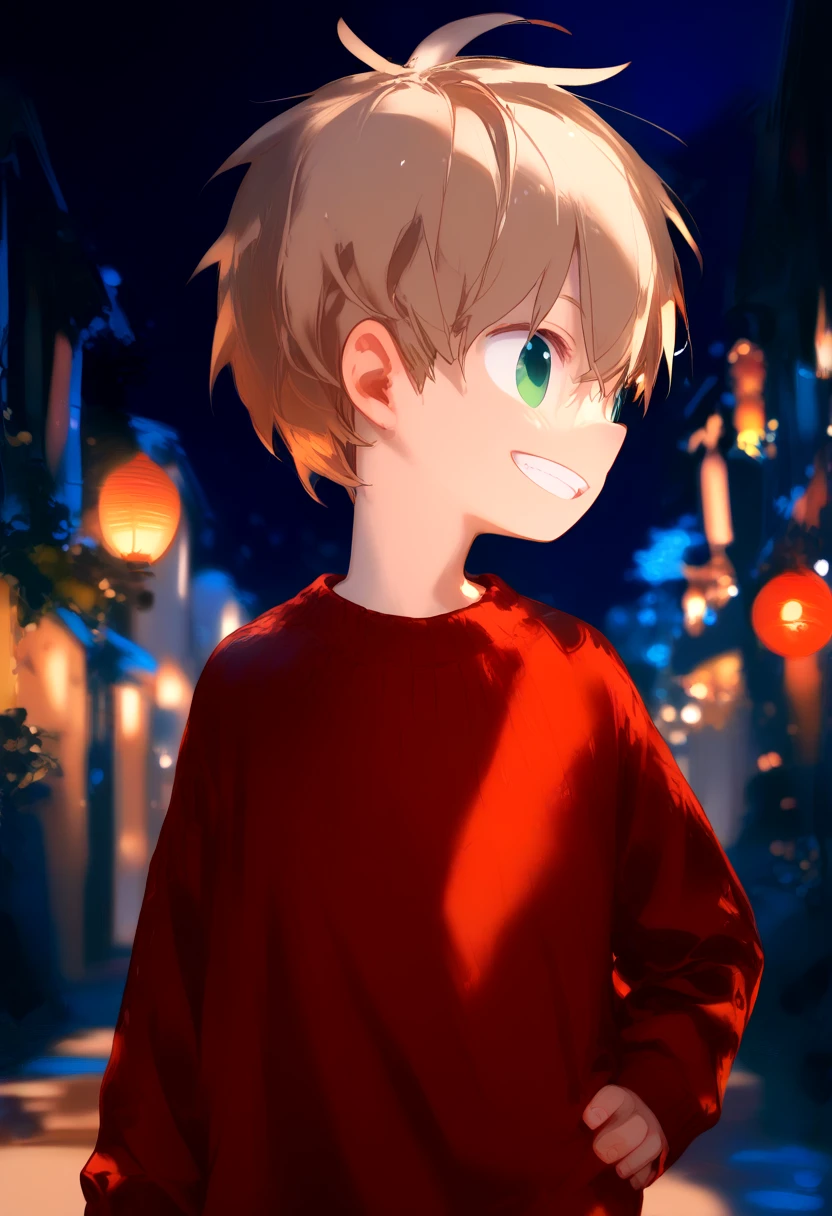 score_9, score_8_up, score_7_up, detailed eyes, village, BREAK
looking to the side, standing, head tilted,
<lora:cutifiedanimecharacterdesign_variant_type_F_PonyXL_v20:1> 1boy, type-f, light brown  hair,  light green eyes,  petite, young, solo, brown sweater,  aged down,
grin