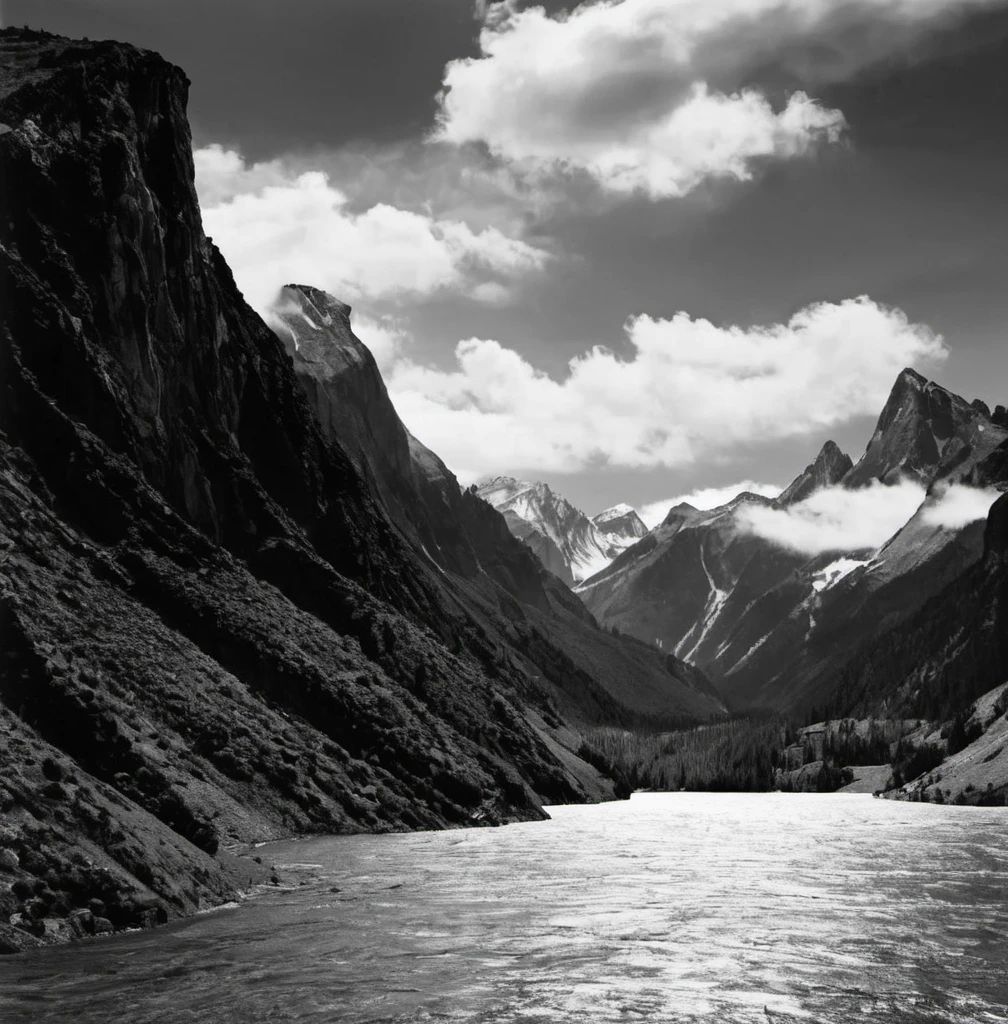 Adam Smith, no humans, scenery, outdoors, cloud, sky, mountain, water, cliff,<lora:heibai-000002:0.6>,Black and white photography style,monochrome,Sense of hierarchy,strong contrast,