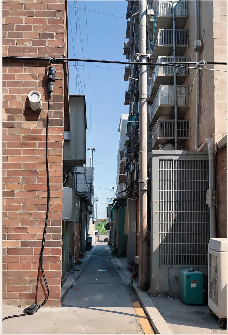 score_9,score_8_up,score_7_up,8k,hd,,ruanyi0675,no humans,power lines,industrial pipe,air conditioner,alley,brick wall,cable,clothesline,crosswalk,utility pole,vanishing point,<lora:0675 Messy urban village_v1_pony:1>