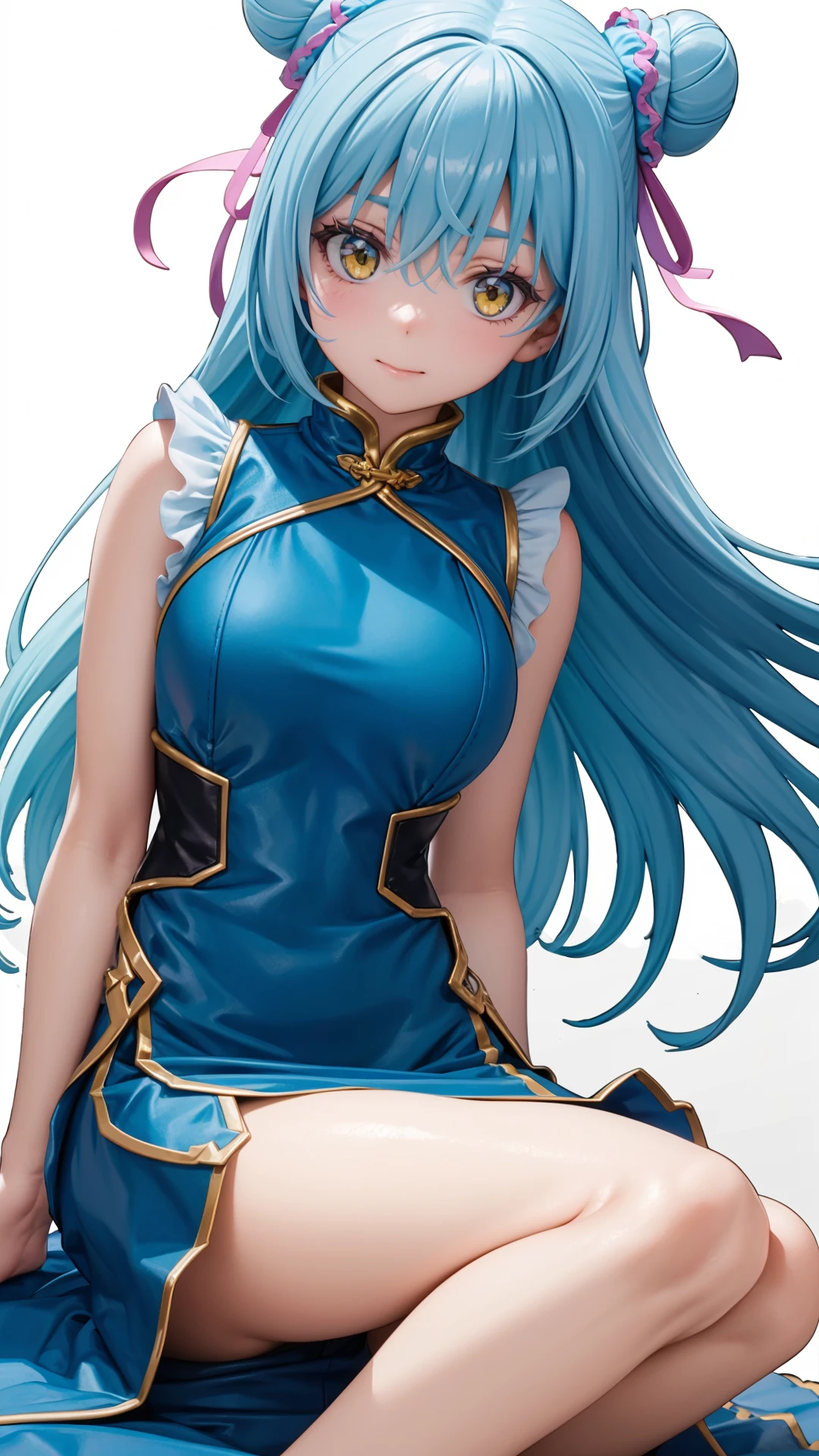 (masterpiece, best quality),ray tracing,absurdres,HDR,1girl,long hair,light blue hair, rimuru tempest, yellow eyes,large breasts, china dress, ribbon, sleeveless, closed mouth, hair between eyes, double bun, chinese clothes, dress, sleeveless dress, blue dress, bangs, , hair bun, shiny hair, hair ribbon, blush, shiny, floating hair, pink ribbon, looking at viewer, sitting, sweatdrop, , short dress, straight hair,  very long hair, purple ribbon, solo, , , ,barefoot, <lora:rimuru hagun:0.7>