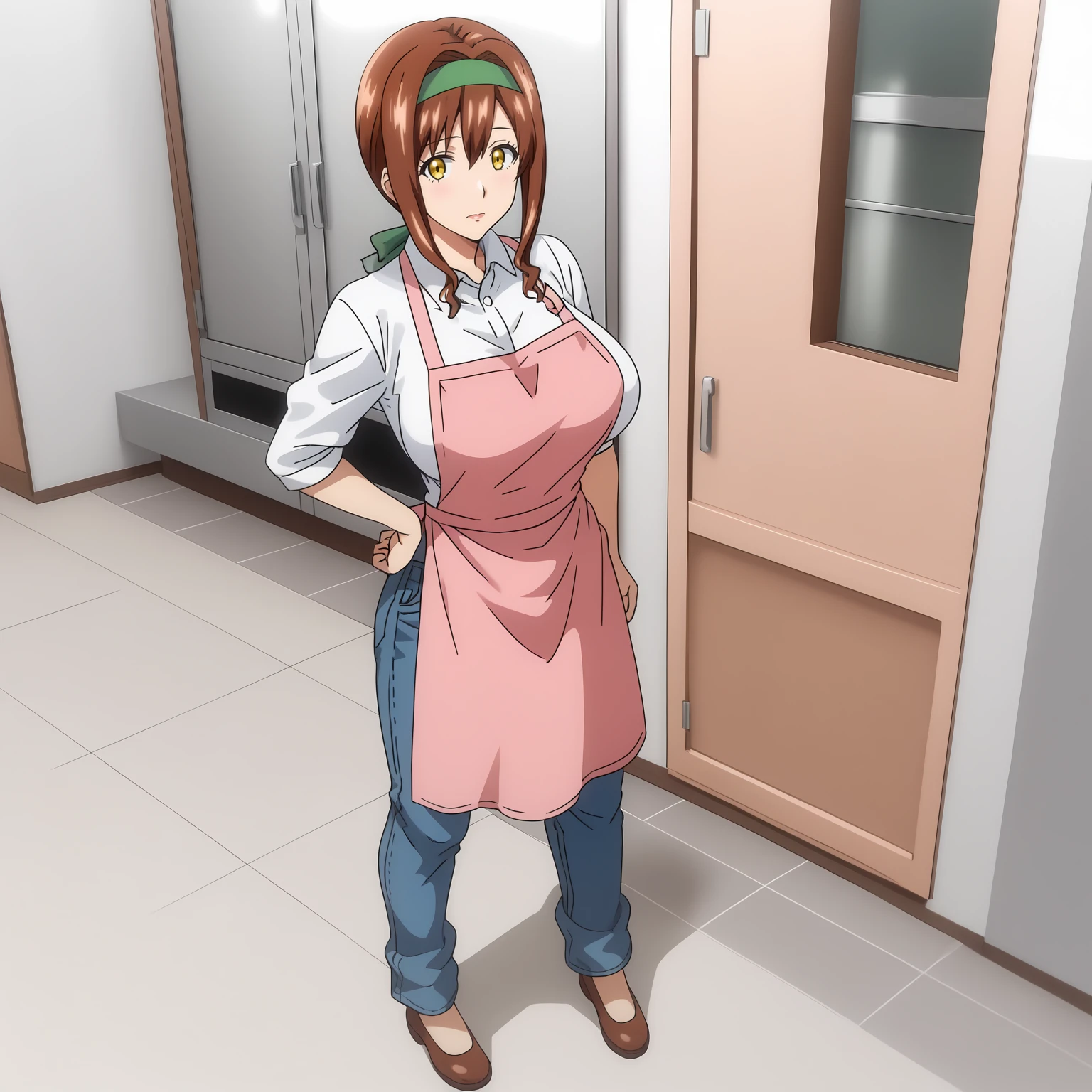 <lora:HarukaShigaXLpony001>,
solo,
HarukaShiga,1girl,brown hair,green hair band,low ponytail,yellow eyes,
large breasts,
full body,standing,
white shirt,collared_shirt,pink apron,
jeans,