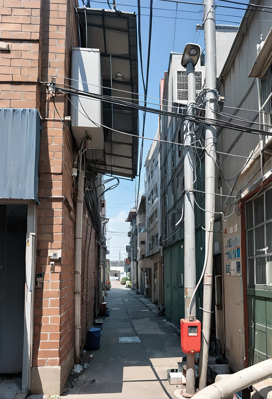 score_9,score_8_up,score_7_up,8k,hd,,ruanyi0675,no humans,power lines,industrial pipe,air conditioner,alley,brick wall,cable,clothesline,crosswalk,utility pole,vanishing point,<lora:0675 Messy urban village_v1_pony:1>