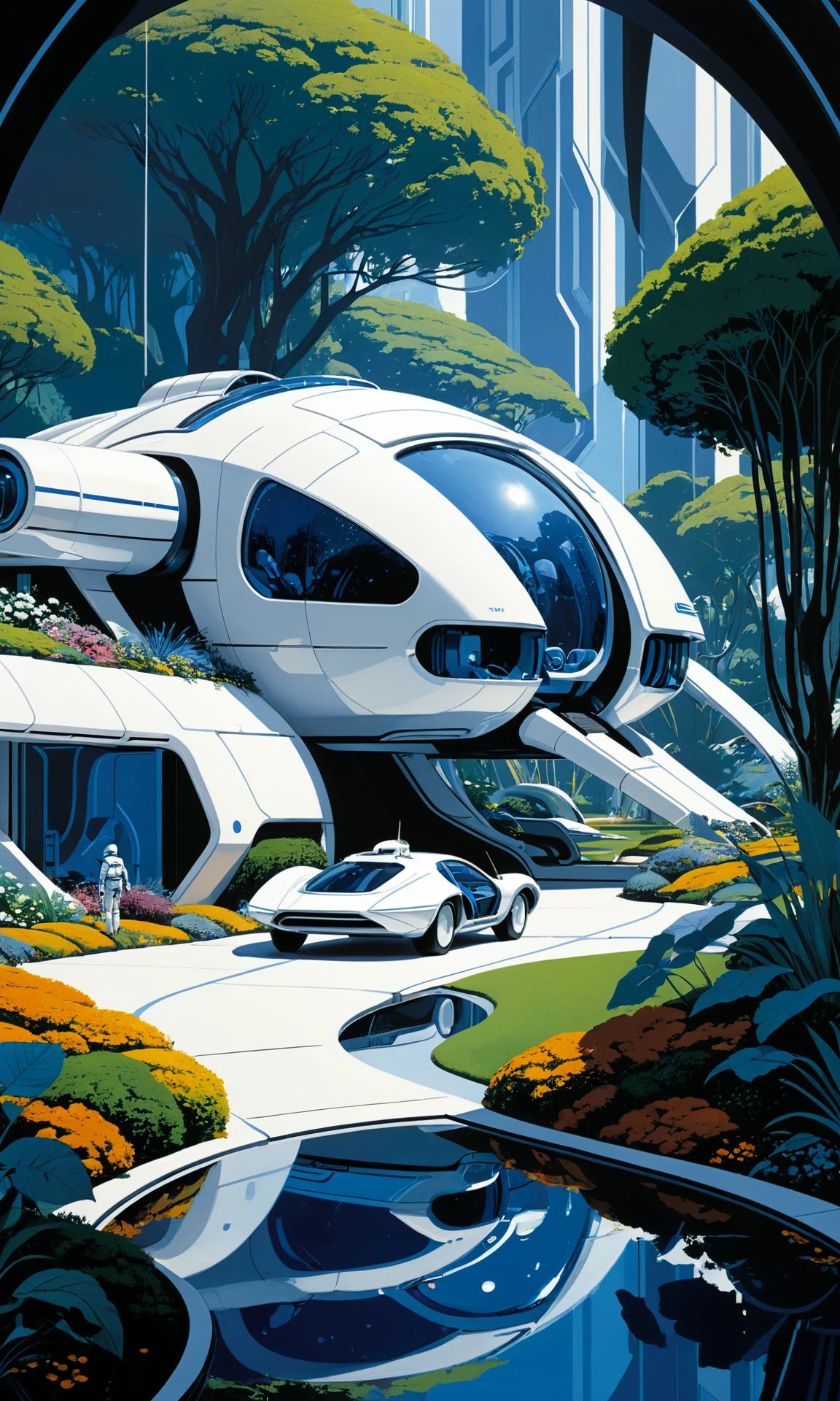 Futuristic garden, Syd Mead, space opera white, blue masterpiece, expert, 4k resolution, intricate detail, minimalist art, simple, clean, flat colors<lora:Art-full_v1:0.5>