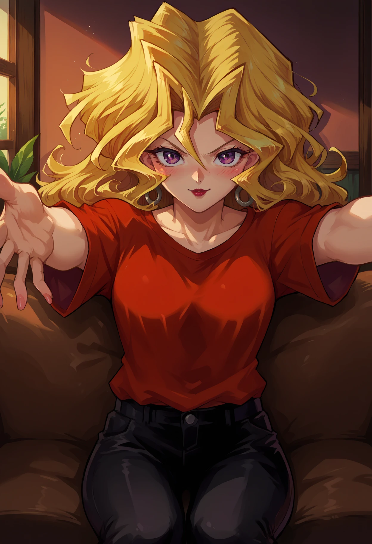 score_9, score_8_up,score_7_up, source_anime, rating_safe, 1girl, solo, <lora:EPygKujakuMai:1>, EPygKujakuMai, purple eyes, blonde hair, long hair, wavy hair, hair between eyes, hair intakes, hoop earrings, red lips,  red t-shirt, black pants, outstretched arms, blush smiling, sitting on couch, in living room, looking at viewer, pov, incoming hug,