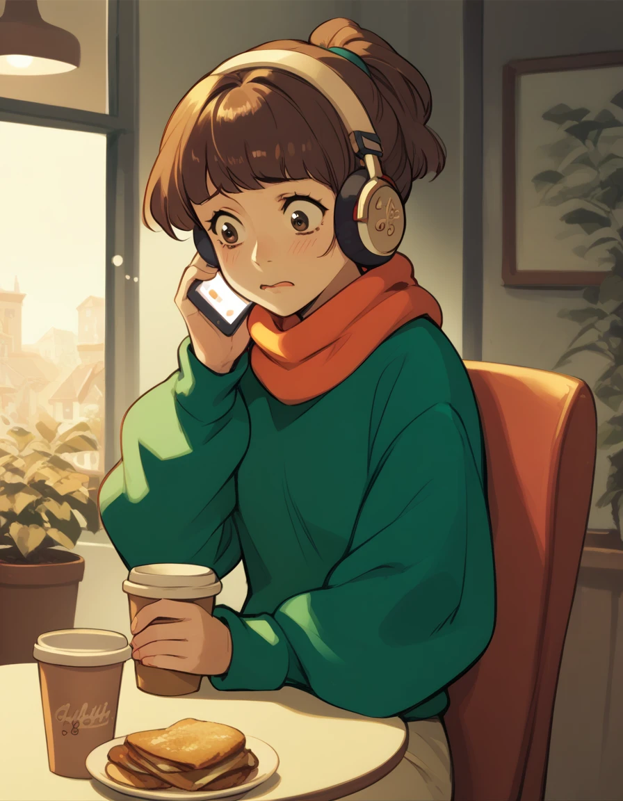 score_9,  score_8_up, score_7_up, source_anime, <lora:talking_on_phone_v0.3-pony:0.7> 
<lora:lofigirl-ponyxl-000021:1> 1girl, lfg, sweater, scarf, pants, headphones,
talking on phone, worried, cafe